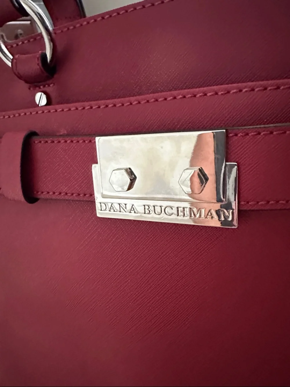 Dana Buchman Dark Red Saffiano Satchel with Metallic Plaque - Picture 2 of 6